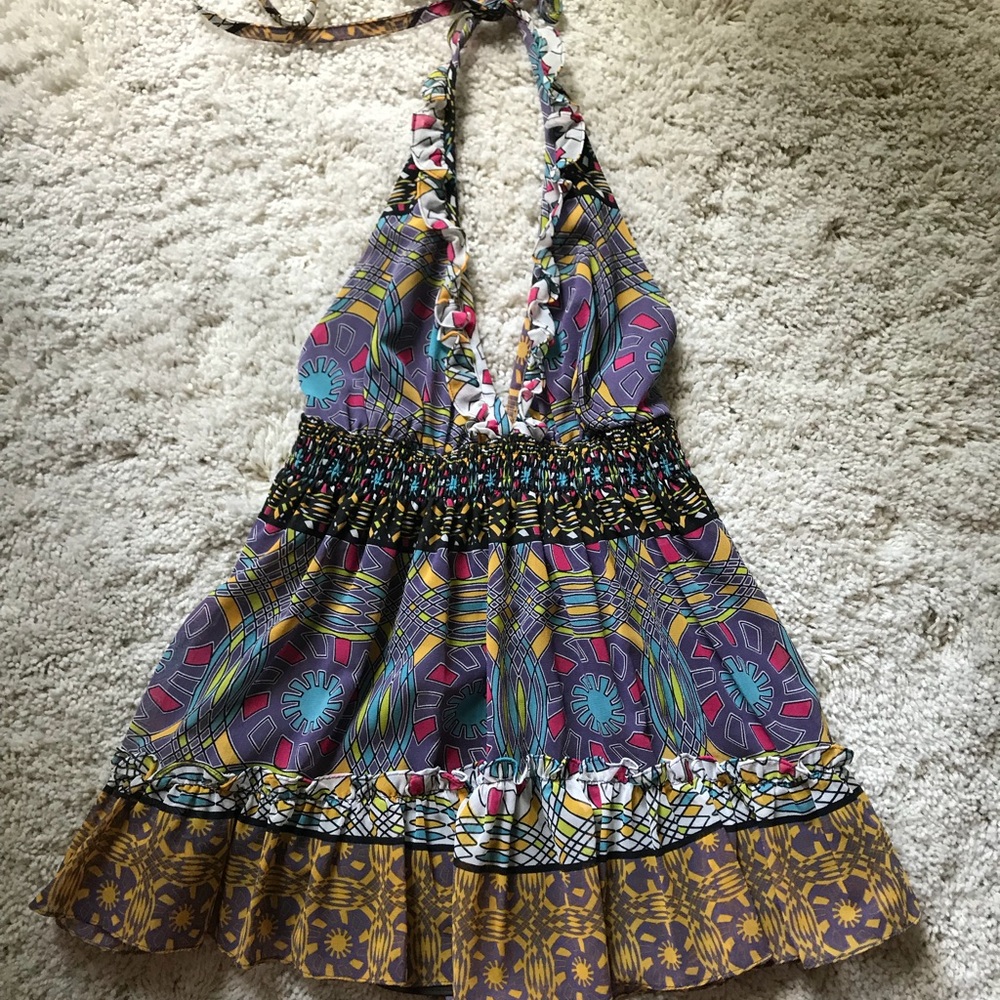Colorful, low back halter top
